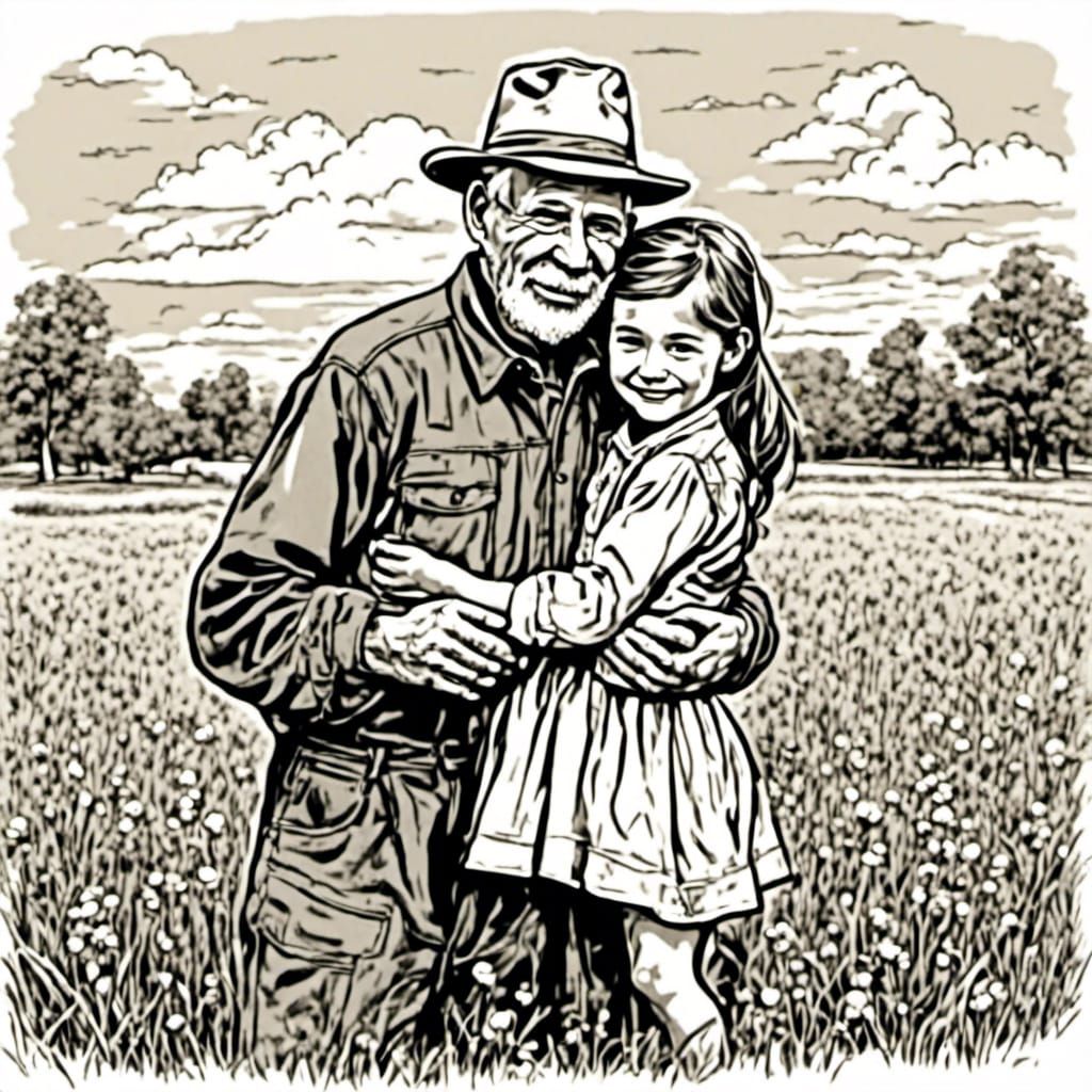 Girl Hugging Grandfather: Sketch and Doodle Art