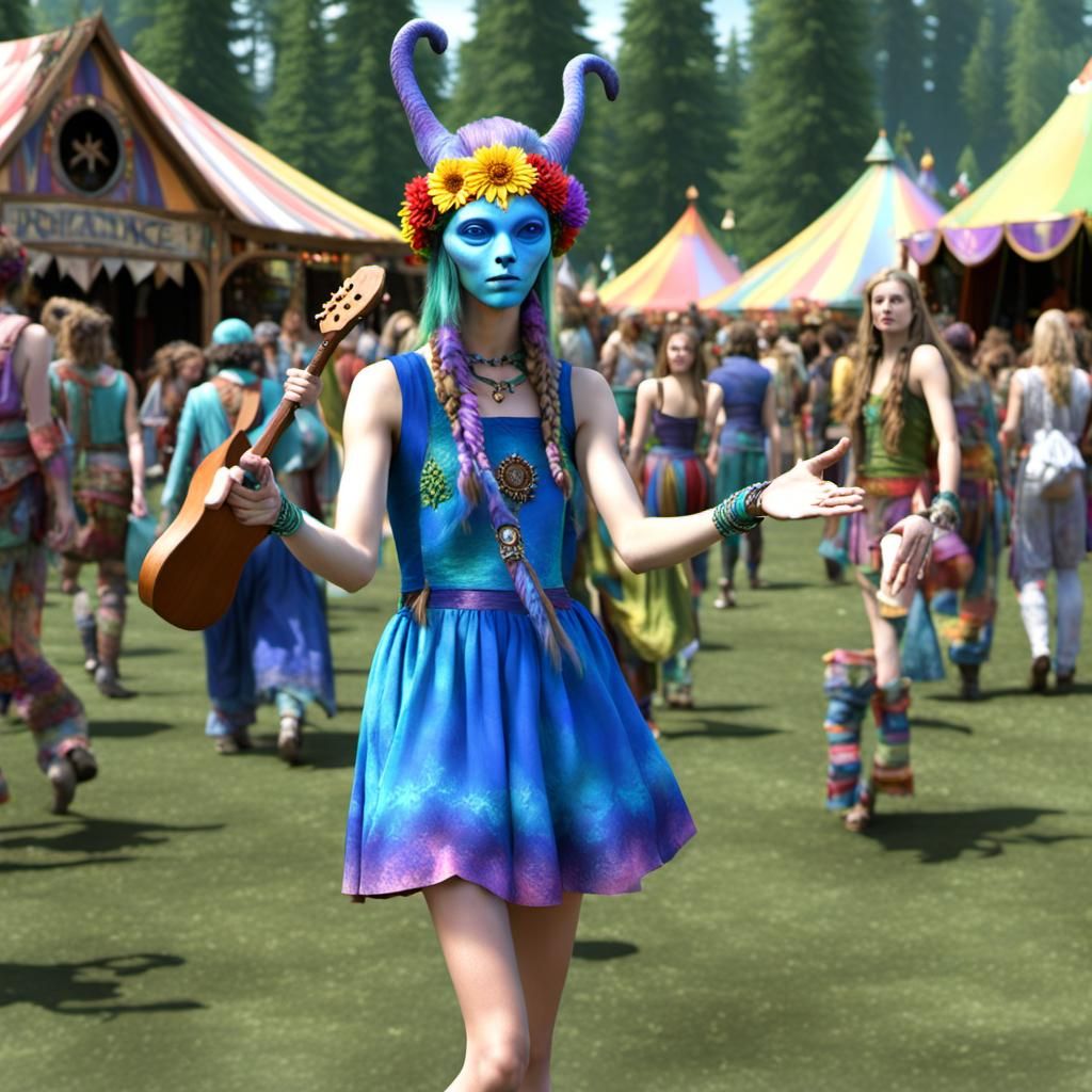 Renaissance fair with alien hippies, sundresses, shorts, colorful, high definition, cgi quality