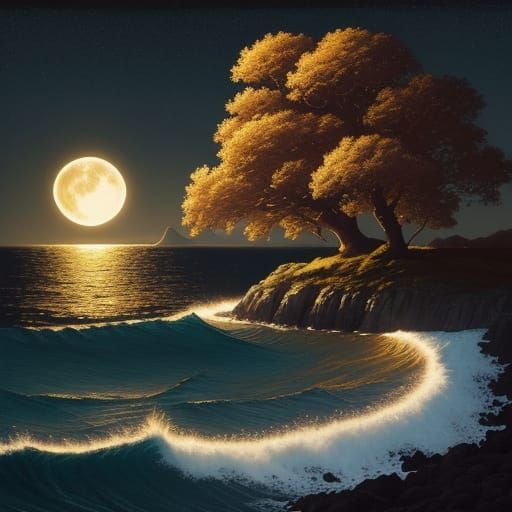 Majestic Island Under Giant Moon in Vibrant Oil Painting