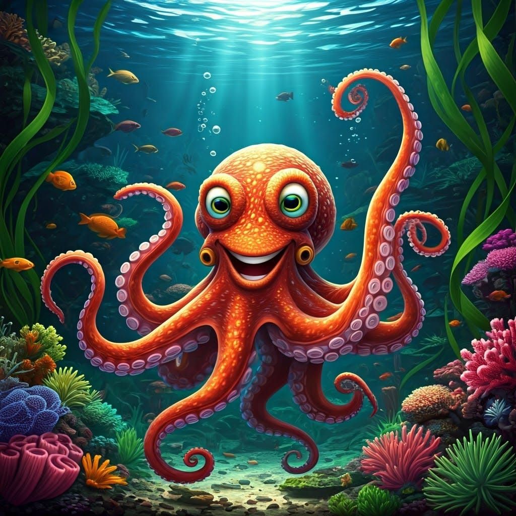 Smiling Octopus in Bioluminescent Underwater World