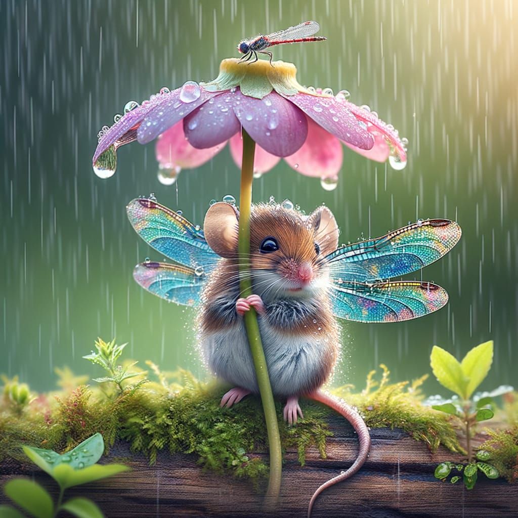 Mouse with Dragonfly Wings Sheltering from Rain