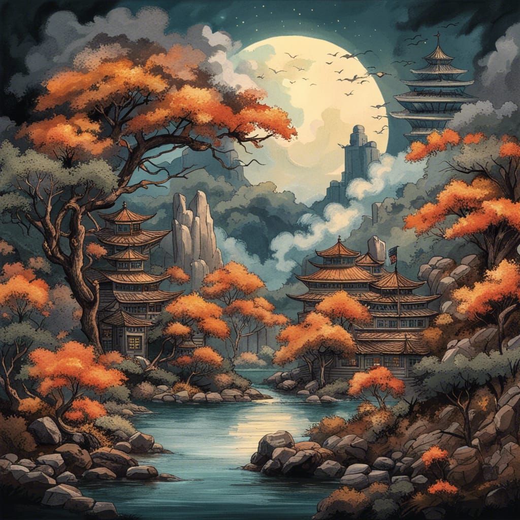 Sci-Fi Temple Under Orange Moon, Digital Painting