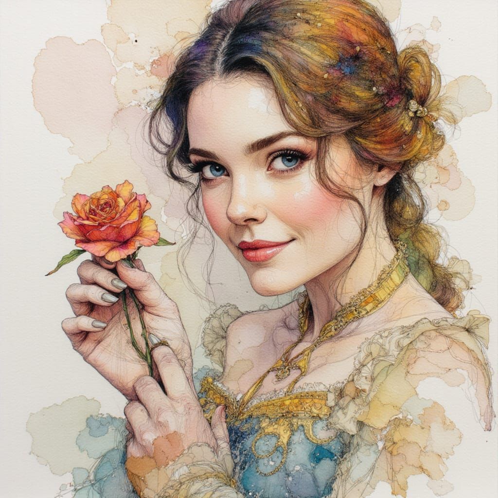 Intricate Ink Drawing of Belle with Rose