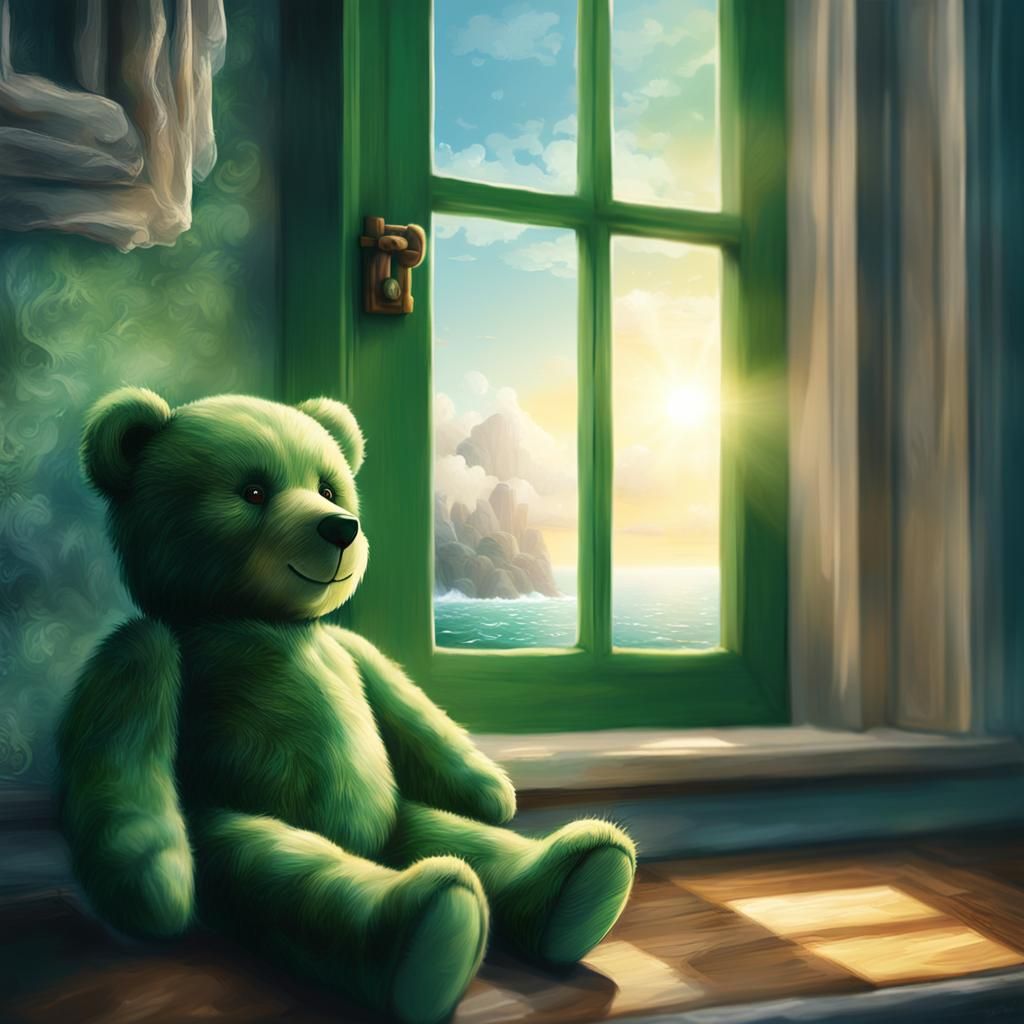 Green Teddy Bear Overlooking the Sea: Digital Matte Painting