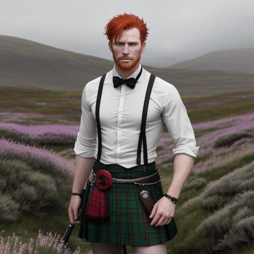 A hot Scottish redheaded man in the heather, wearing a red-and-black-and-green kilt.