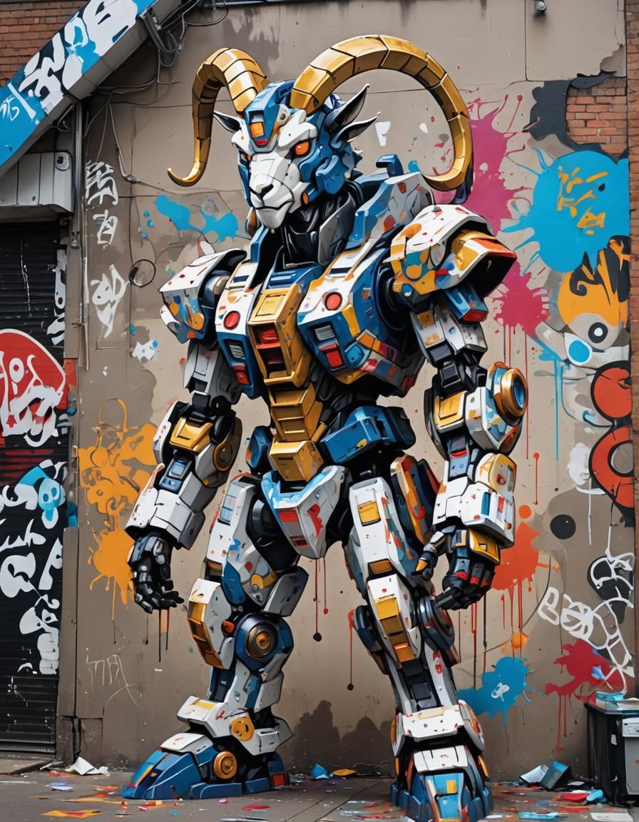 Cyberpunk Goat Mech in Graffiti Style