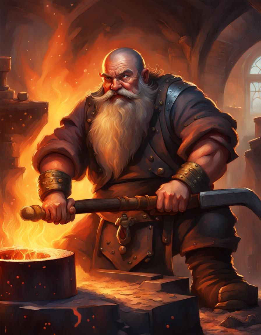 D&D Dwarf Blacksmith Forging Axe in Hyperrealism