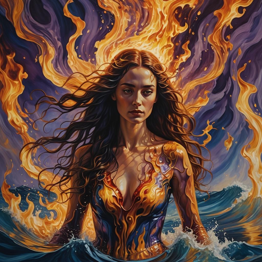 Surreal Woman Amidst Fire and Water