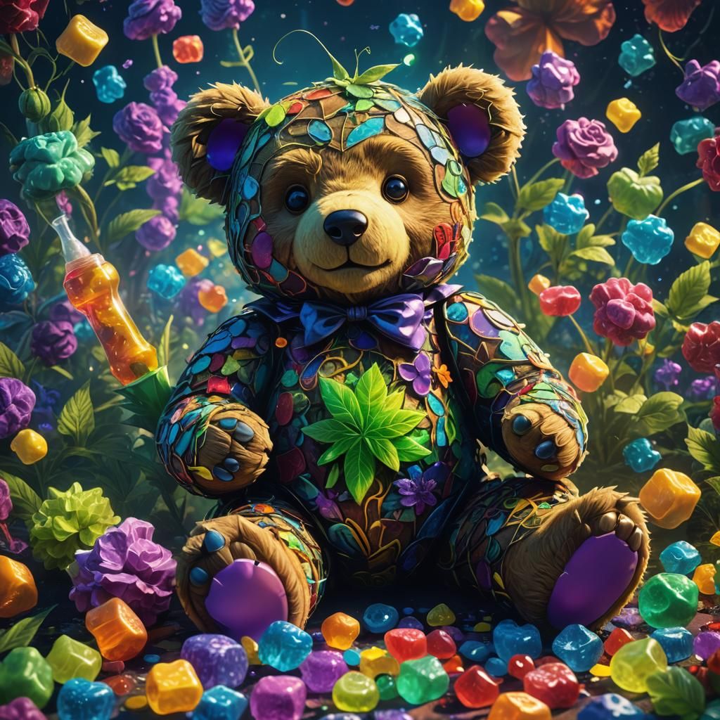 Stoned Teddy Bear Offers Alice Weed Gummies: Digital Art