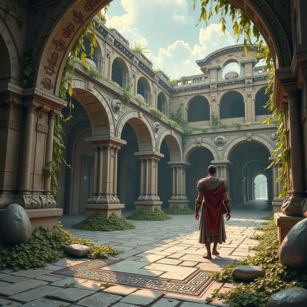 Lone Gladiator Leaving Decayed Colosseum