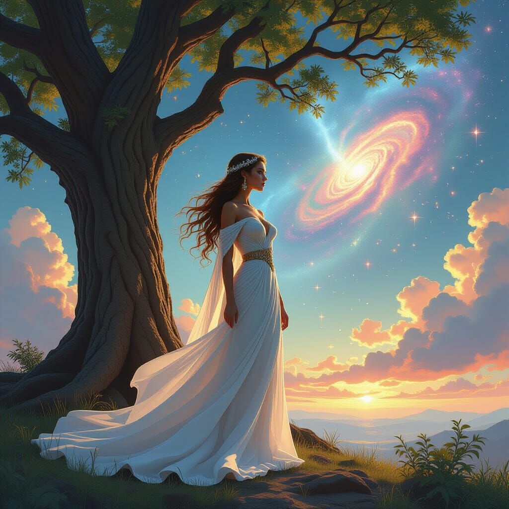Celestial Goddess Beside Ancient Oak Under Nebula Sky