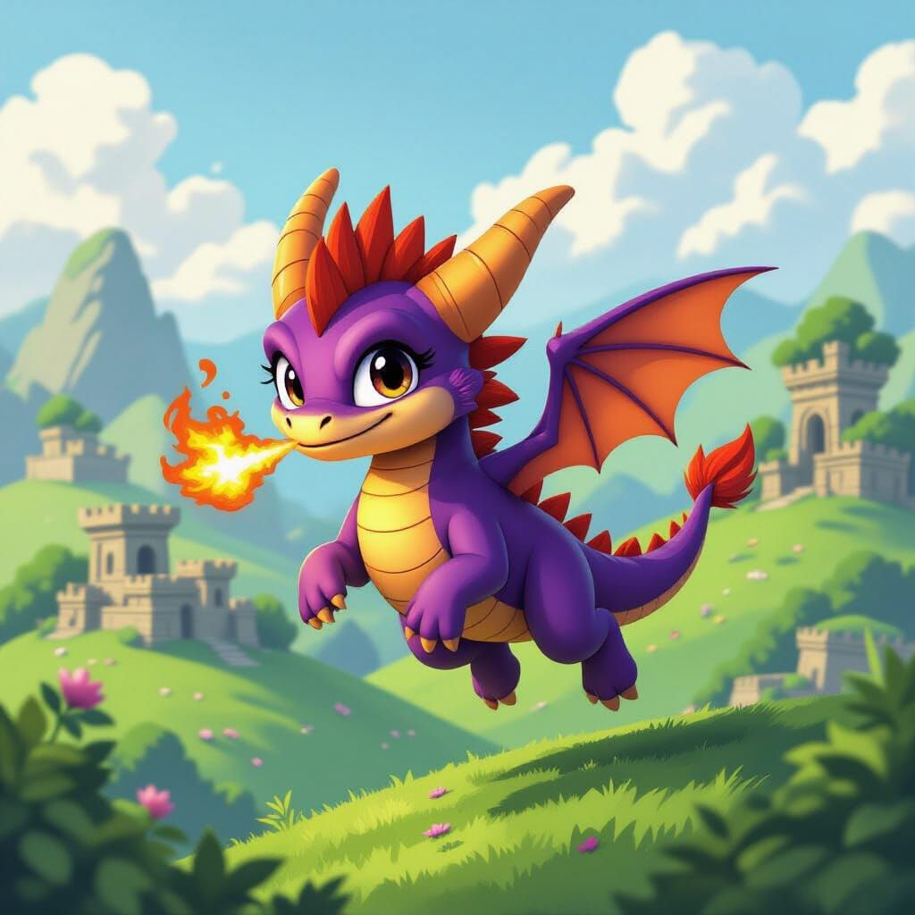Spyro the Dragon Soaring Over Lush Hills