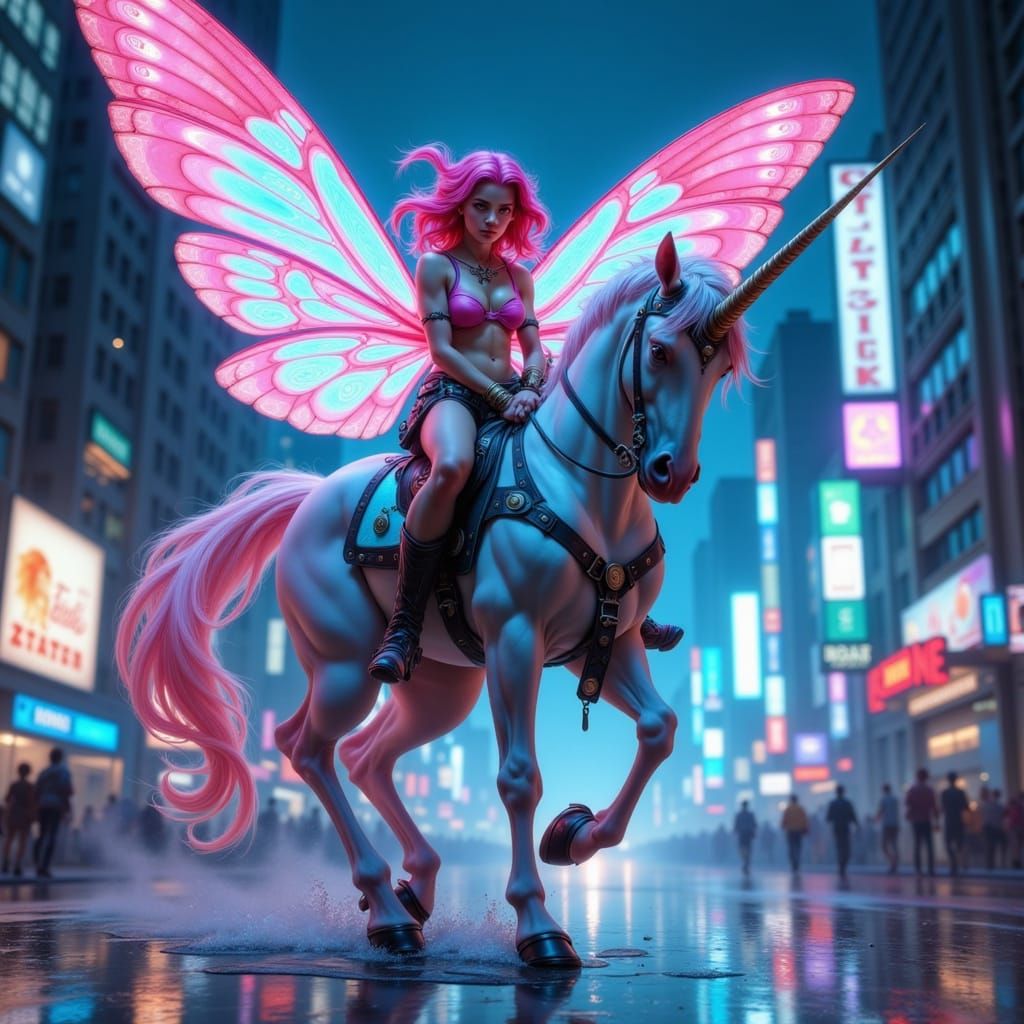 Woman Rides Unicorn in Neon Cyberpunk City