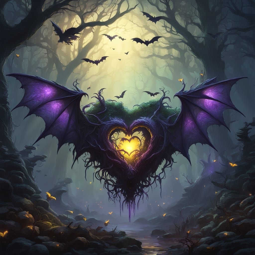 Haunted Heart with Bats in Dark Forest Concept Art
