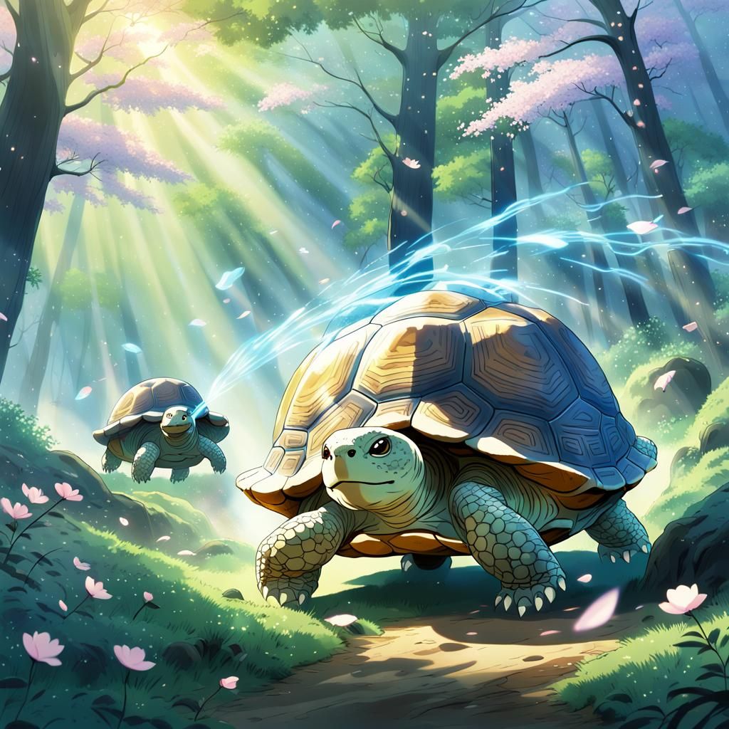 Tortoise Battles Ghosts in Ghibli Anime Forest