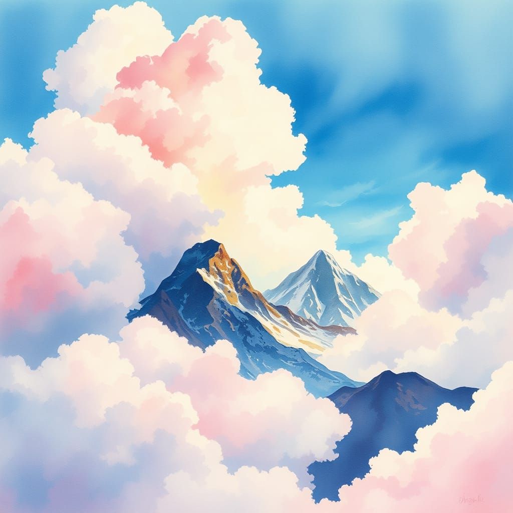 Fluffy Clouds Part to Reveal Mountains in Vibrant Watercolor