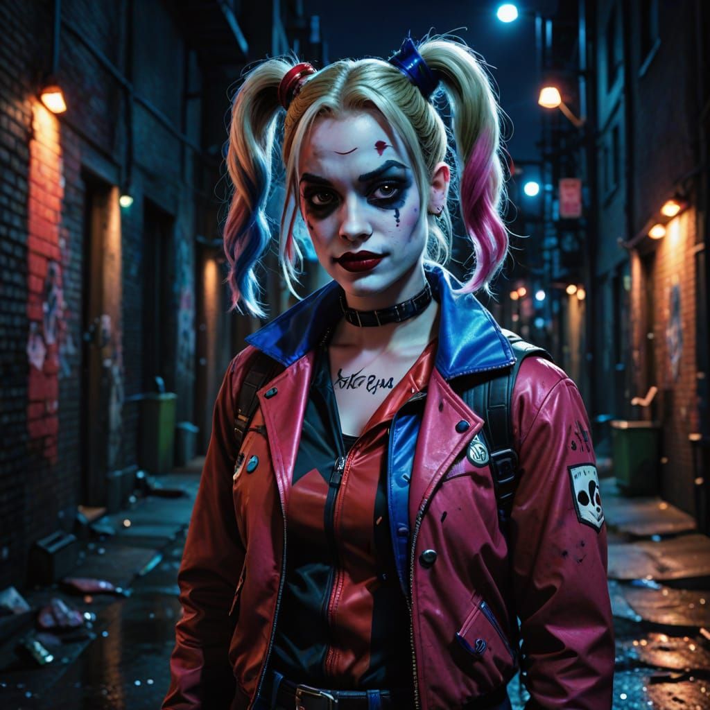 Harley Quinn Cosplay in Urban Alleyway at Night