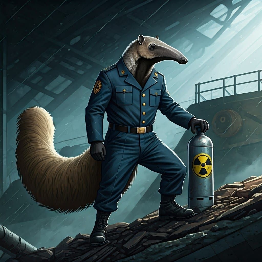 Anteater in Military Suit with Radioactive Cylinder