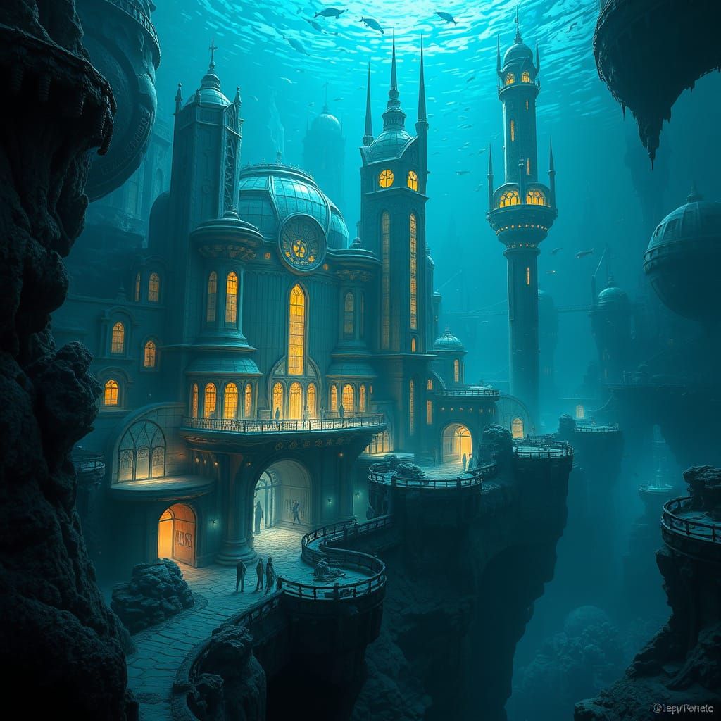 Mysterious Underwater City with Bioluminescent Lights