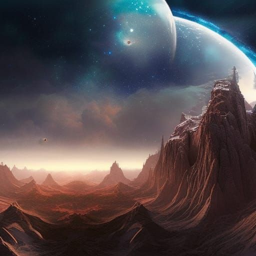Epic Fantasy Planets and Mountains at Night