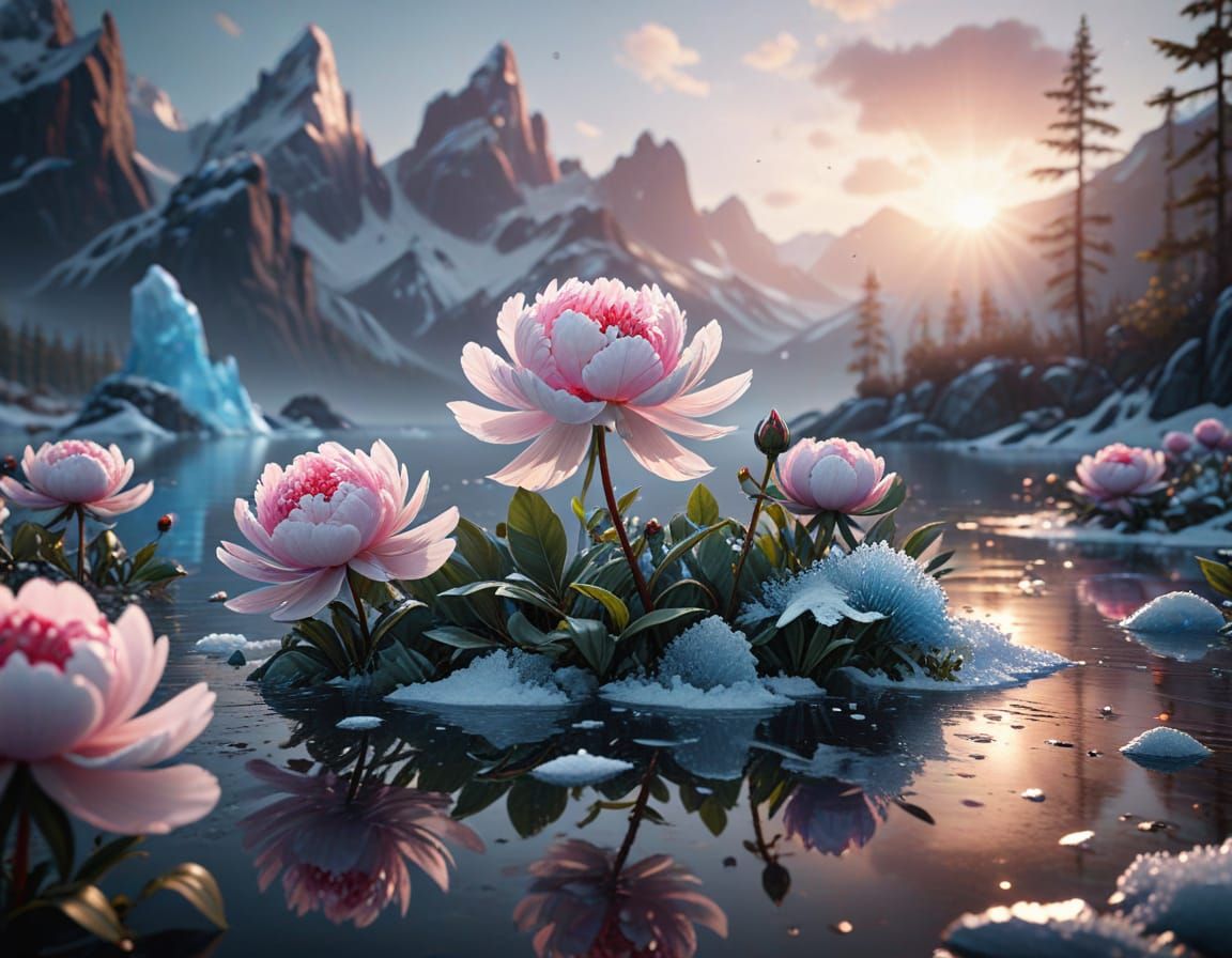 Crystal Peony Garden on Frozen Lake at Sunrise