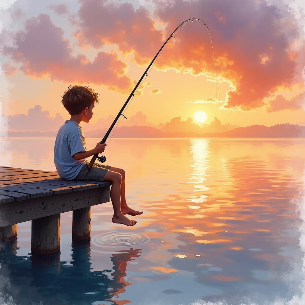 Boy Fishing at Sunset in Watercolor Style