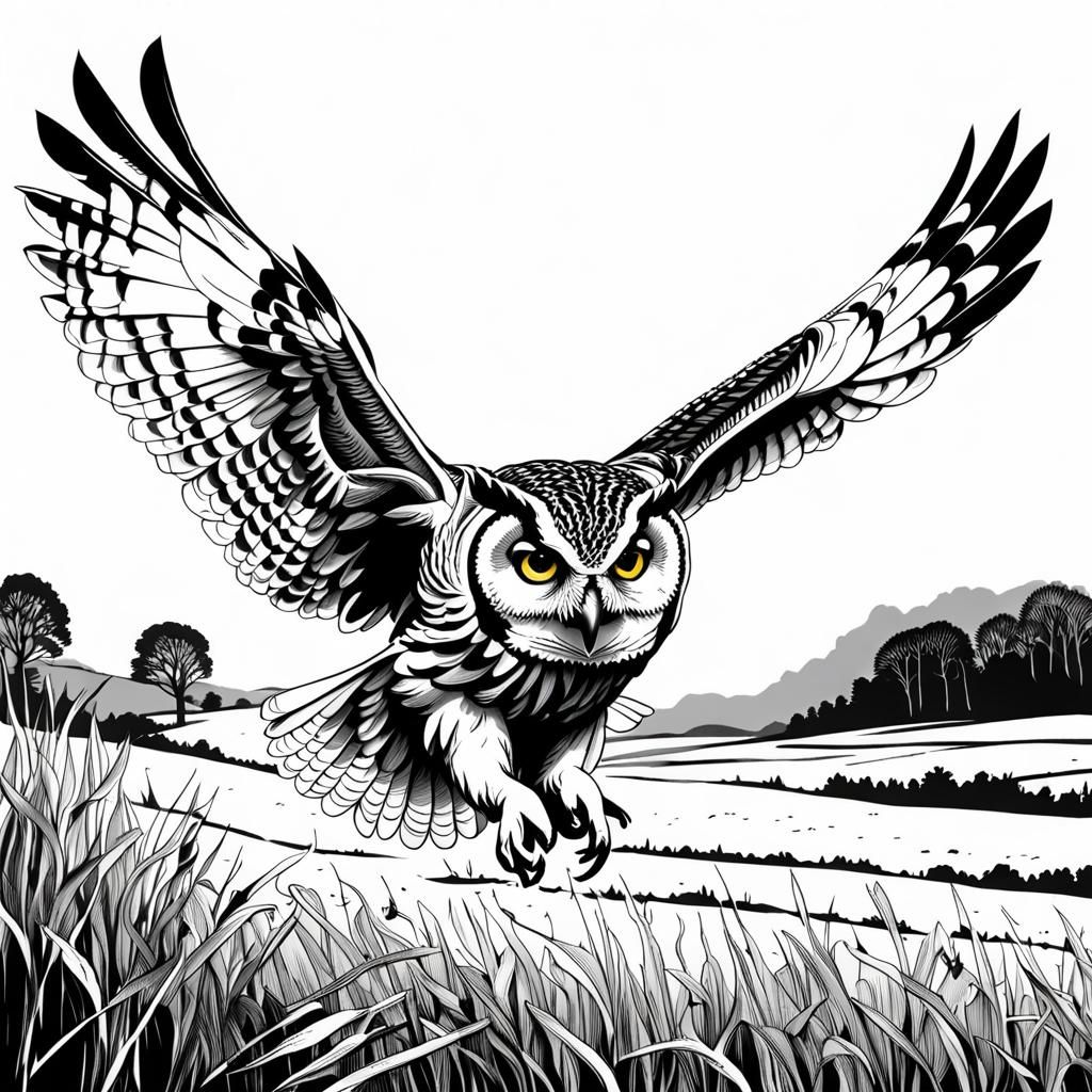 Owl in Flight: Black Ink Line Art