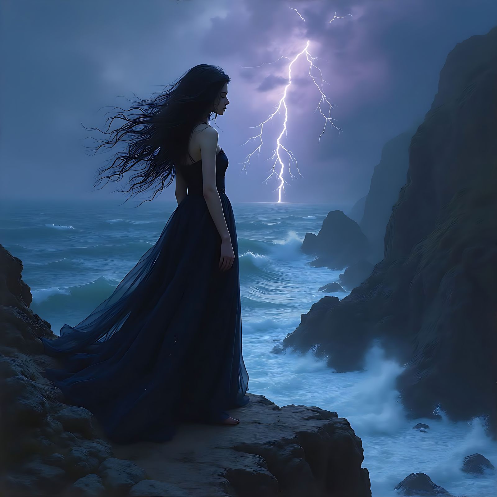 Gothic Fairytale Witch on Stormy Sea