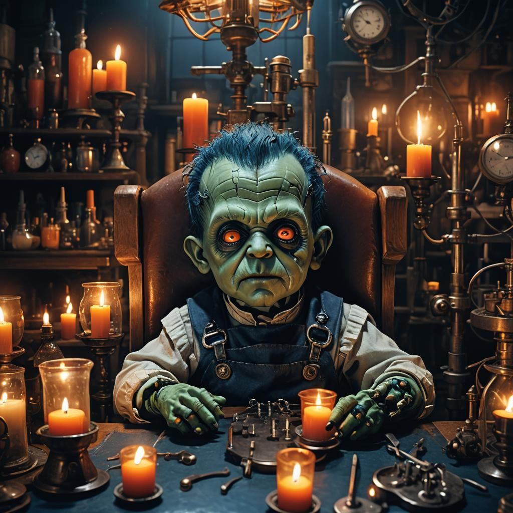Baby Frankenstein in Lab, Fantasy Concept Art