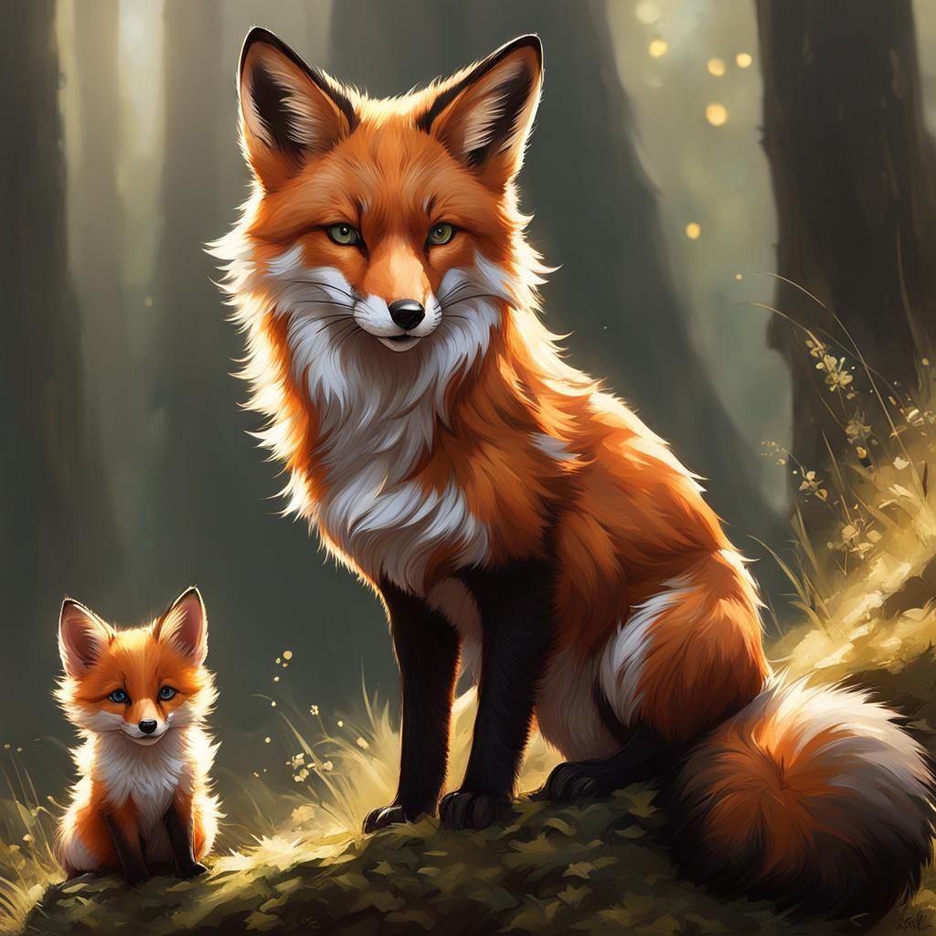 Adorable Fox and Cub in Forest, Detailed Studio Photo