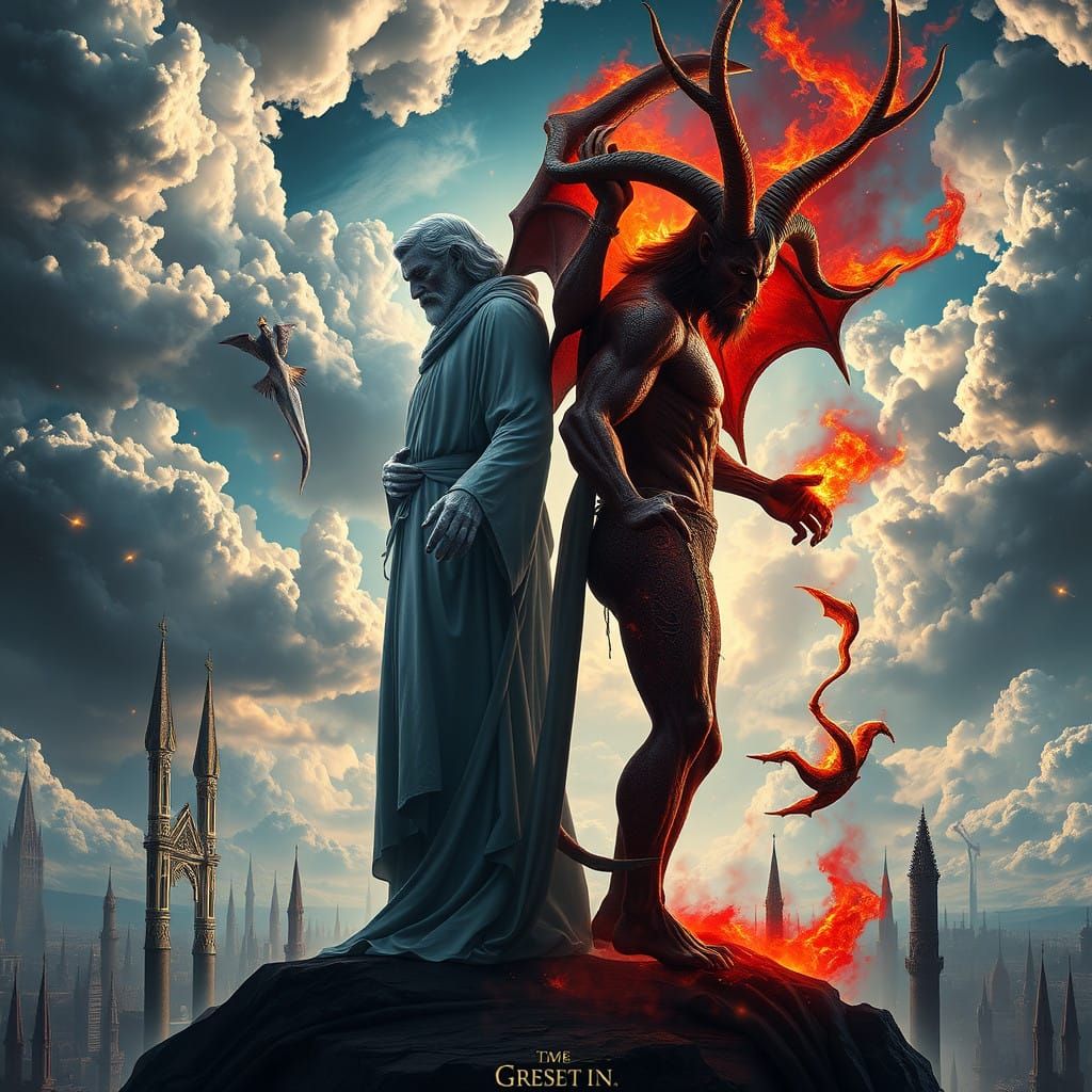 Gothic God and Devil Stand Amid Celestial Realms