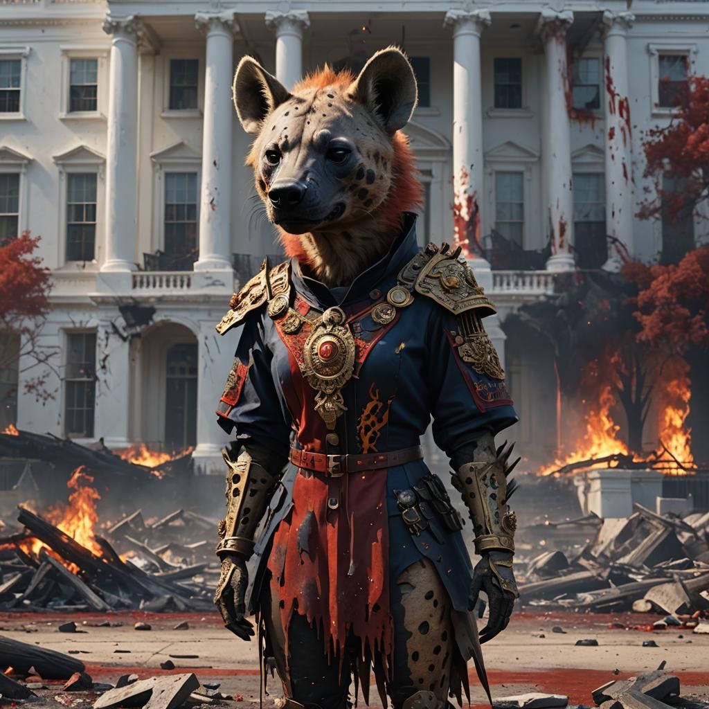 Humanoid Hyena in Presidential Suit Before White House