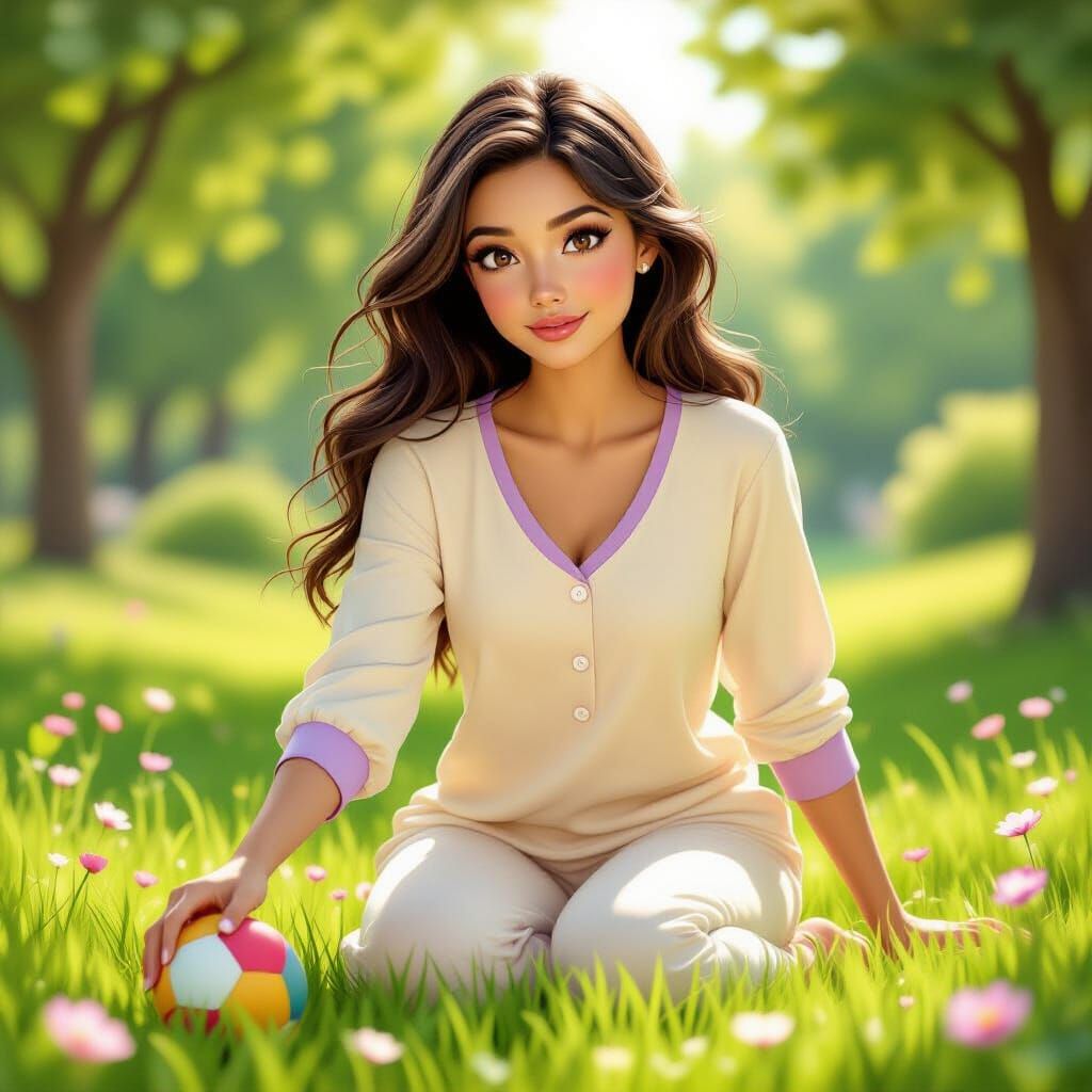 Elegant Woman in Pajamas in Sunny Park