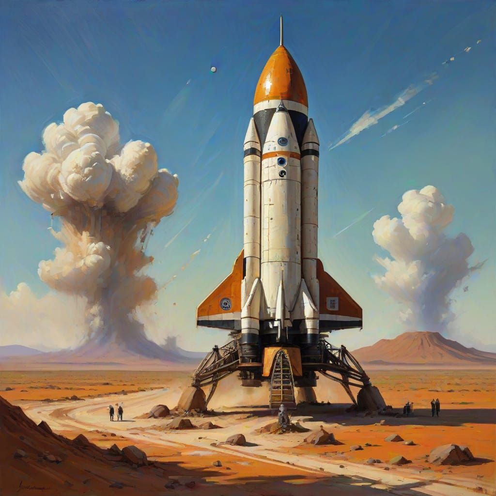 Rustic Space Rocket on a Barren Plain in Oil Painting Style