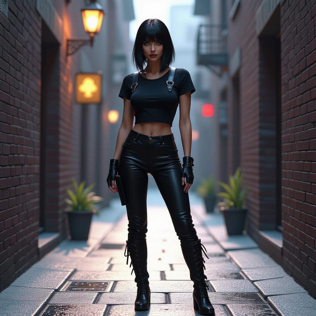 Dark Elf Woman in Leather Overalls in Shadowy Alleyway