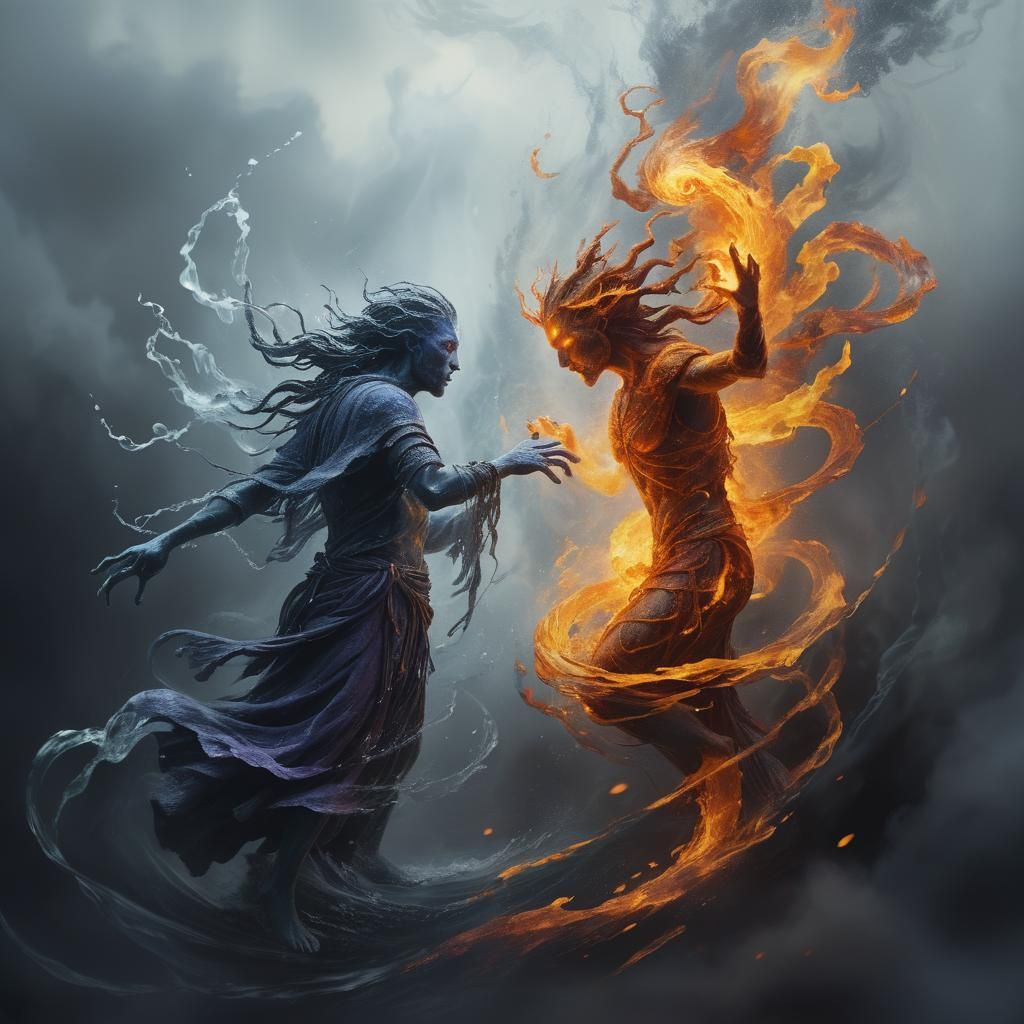Water and Fire Spirits Meet in Digital Painting