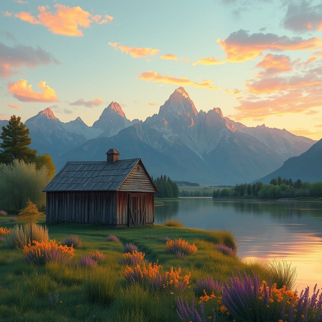 Old Barn Beside Tranquil Snake River at Sunset in Realistic...