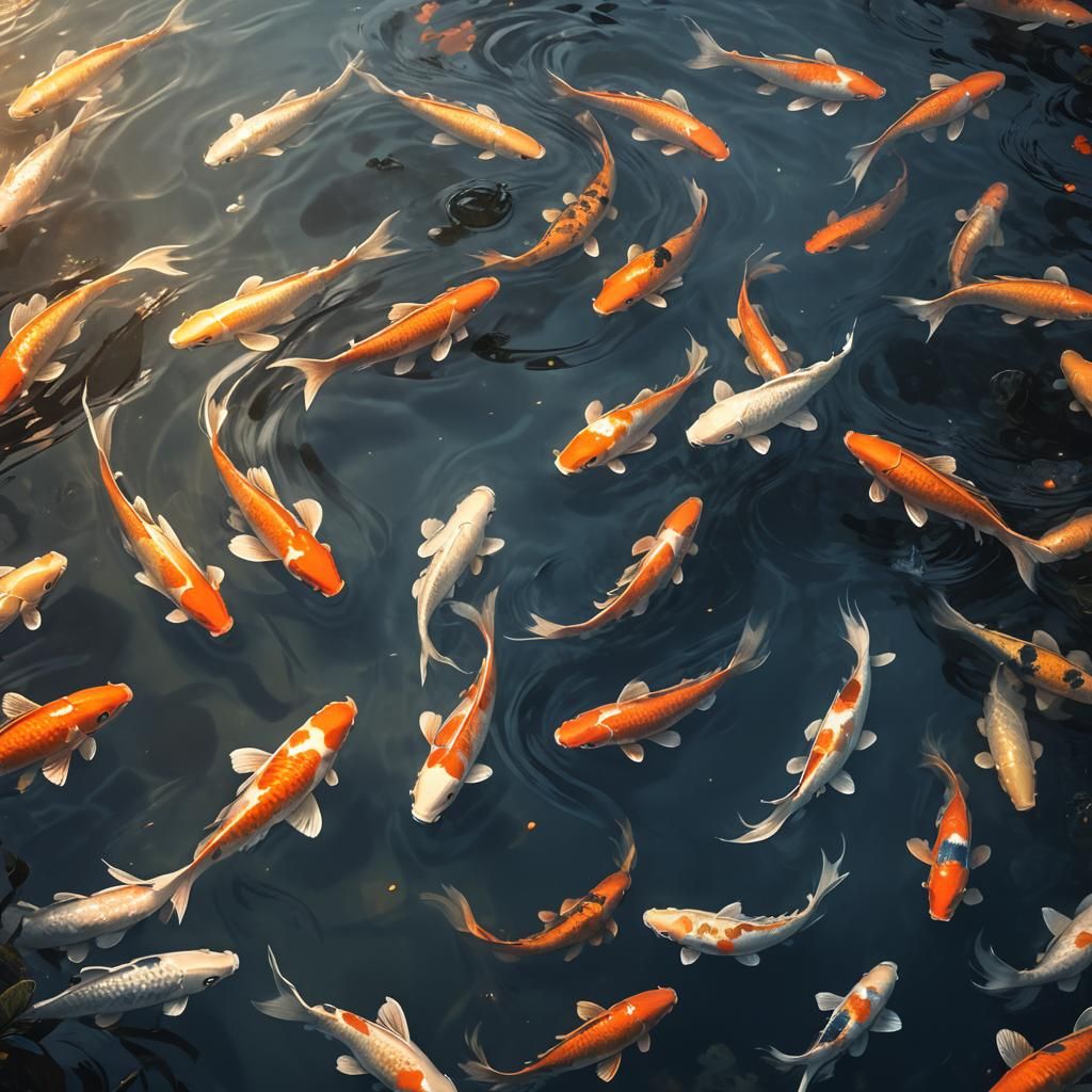 Fantasy concept art. Medium shot from above. Koi fish swimmi...