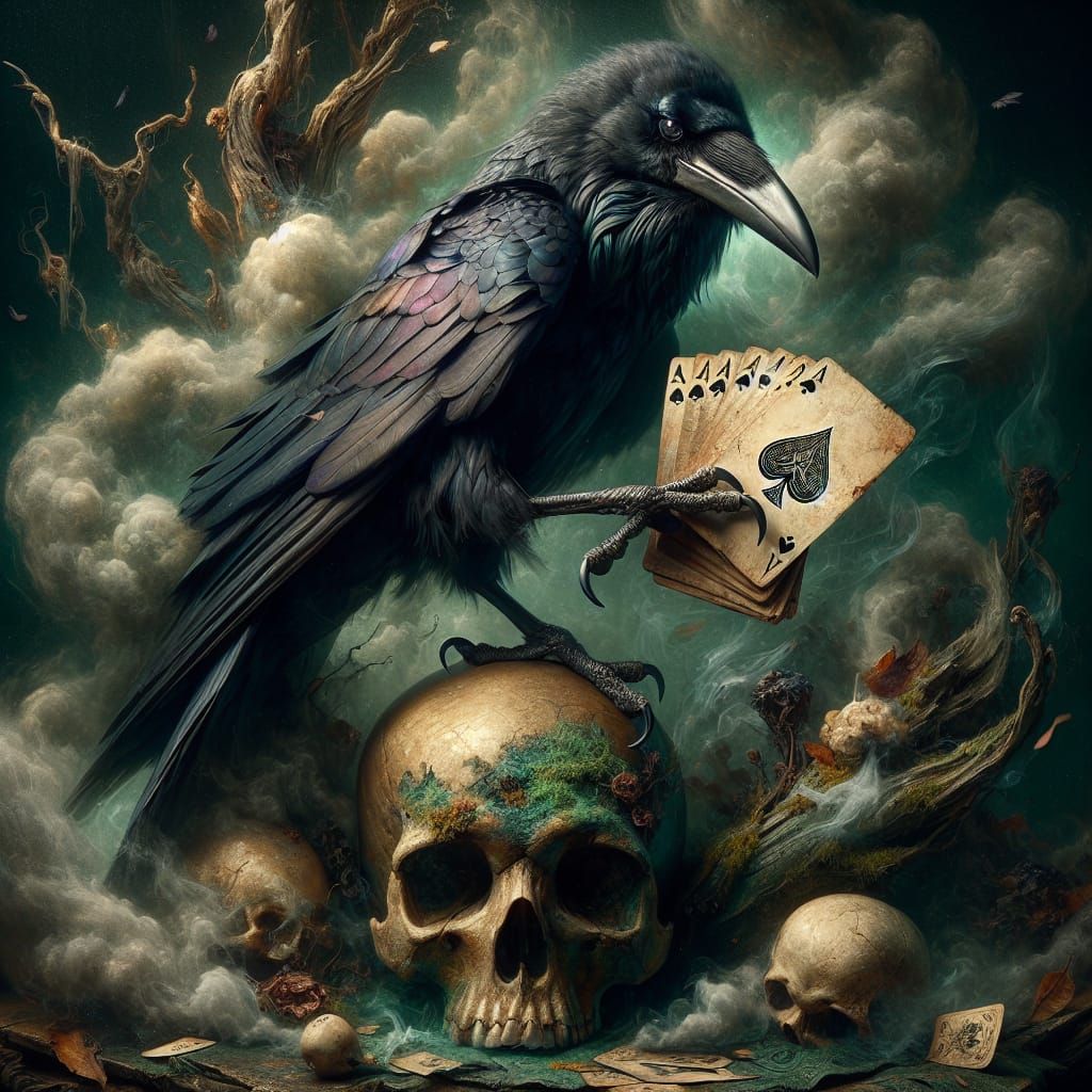 Raven with Cards on Skull in Romanticism Style