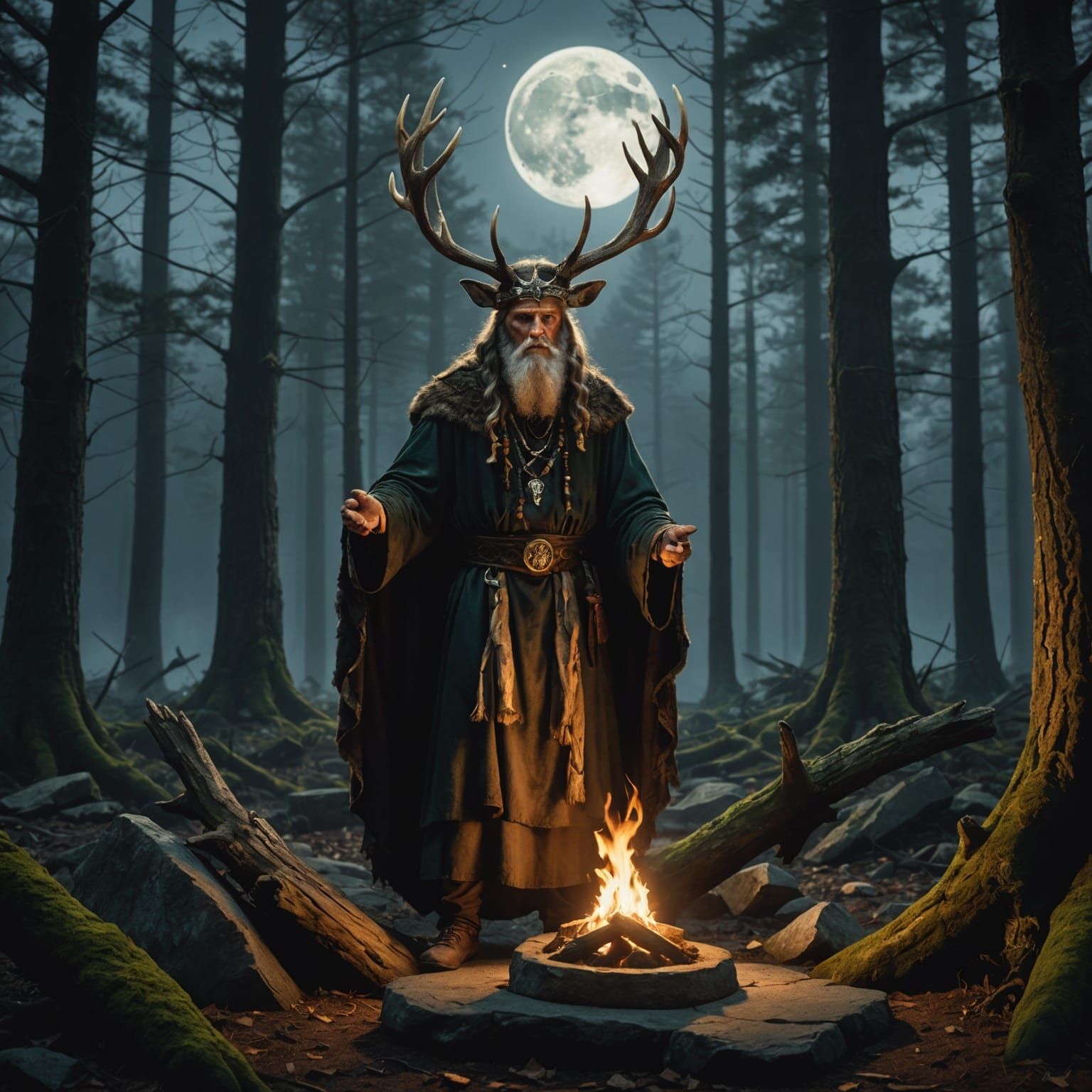 Druid at Stone Altar in Forest