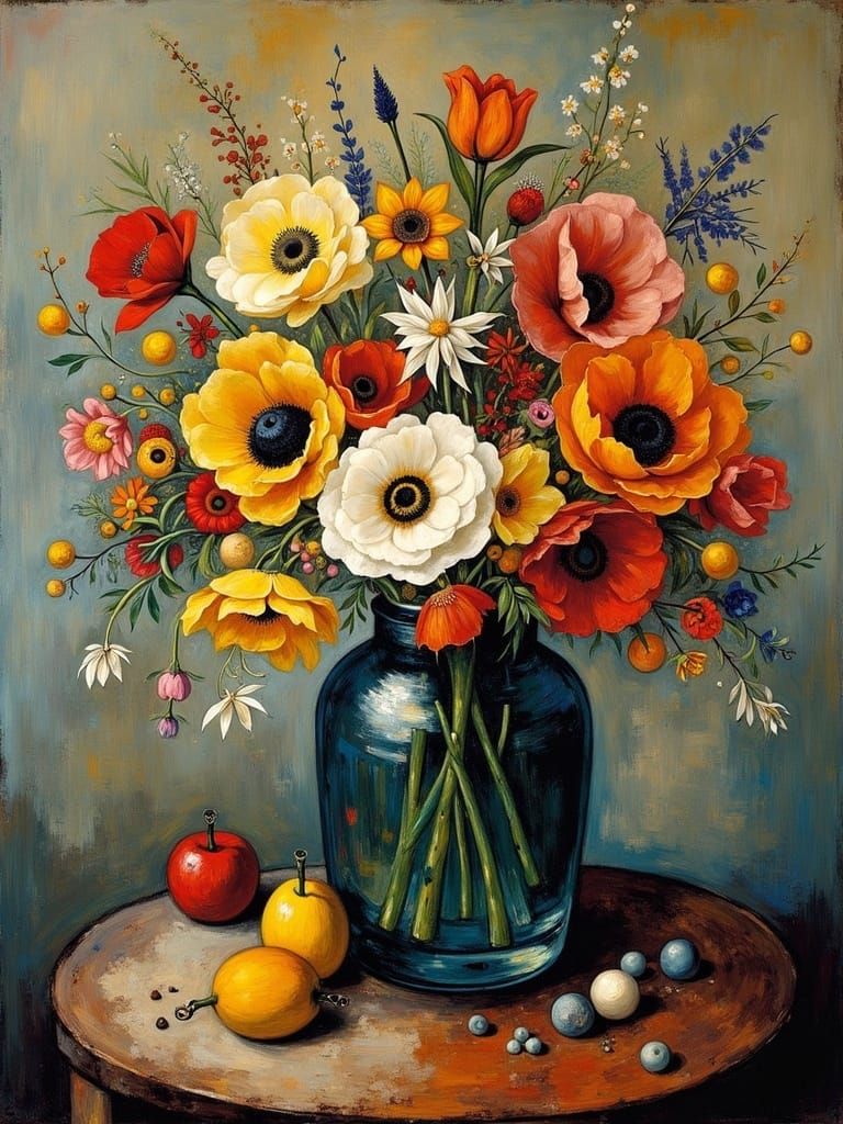Klimt-Inspired Still Life Painting with Flowers