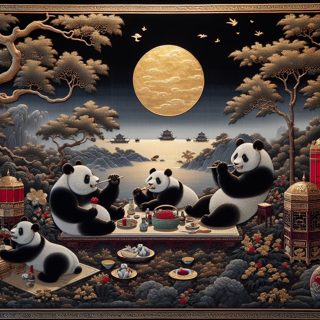 Pandas Picnic Under Moonlight in Ming Dynasty Style