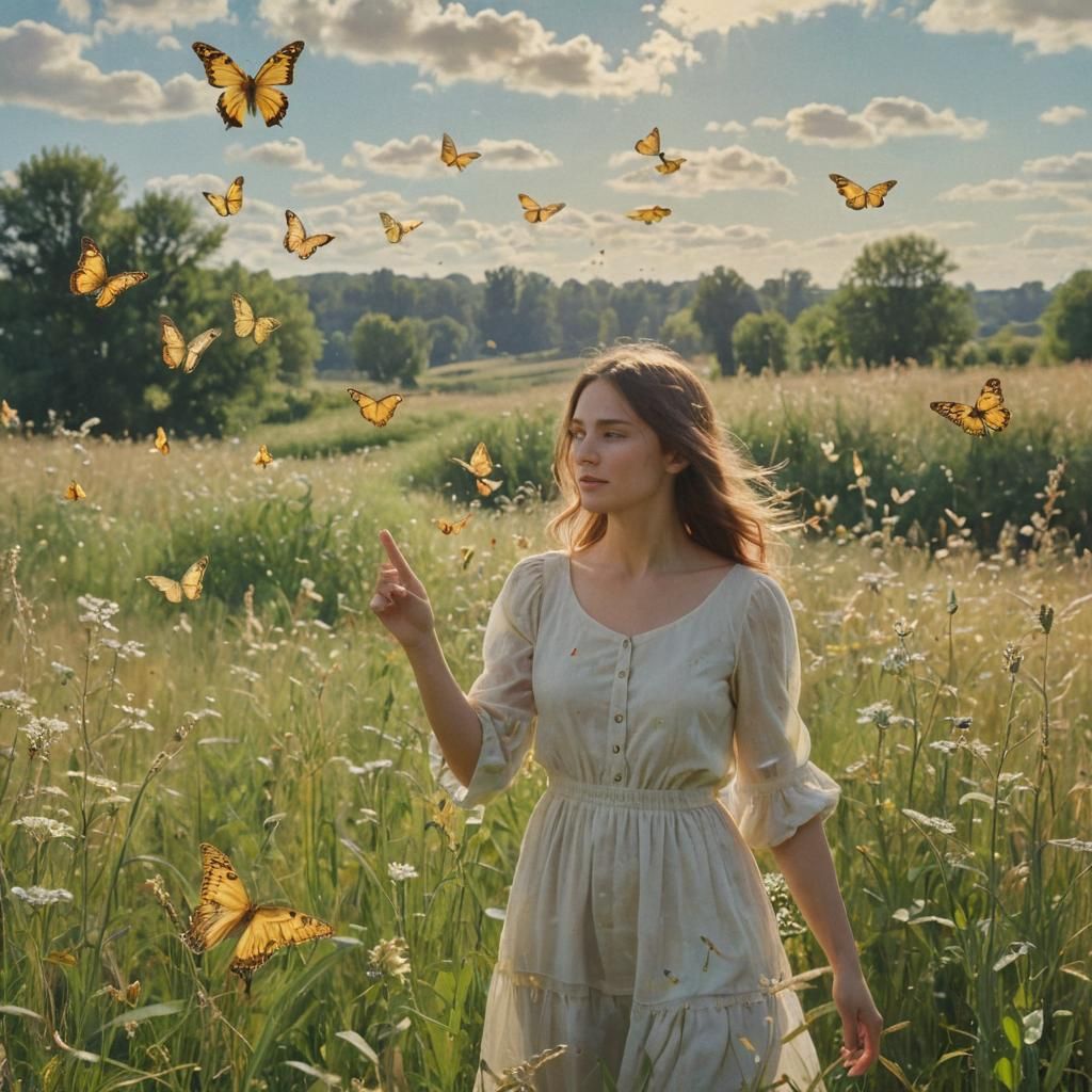 Woman in Impressionist Meadow with Butterflies