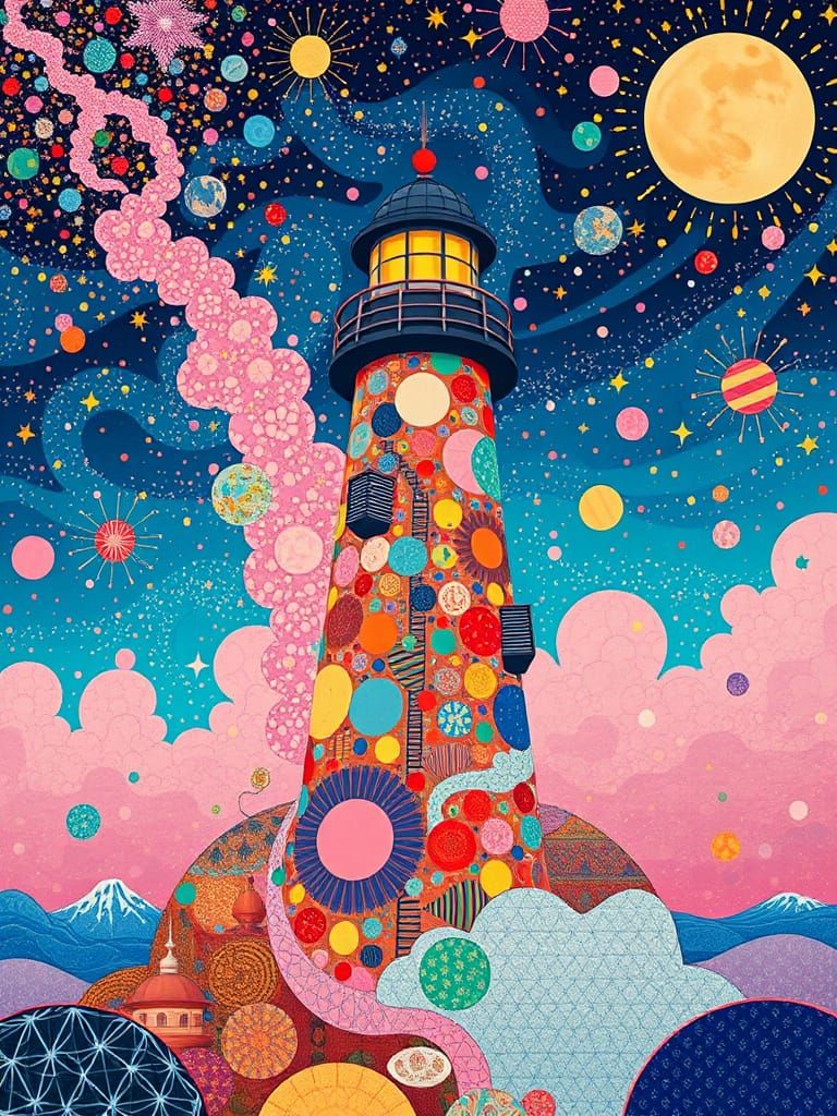 Vibrant Cosmic Lighthouse in Geometric Abstraction