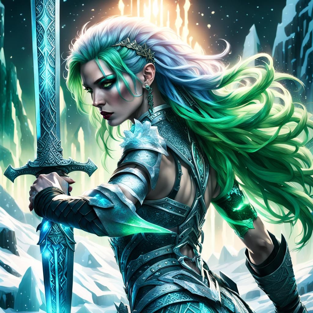Armored Woman with Ice Sword in Aurora Borealis
