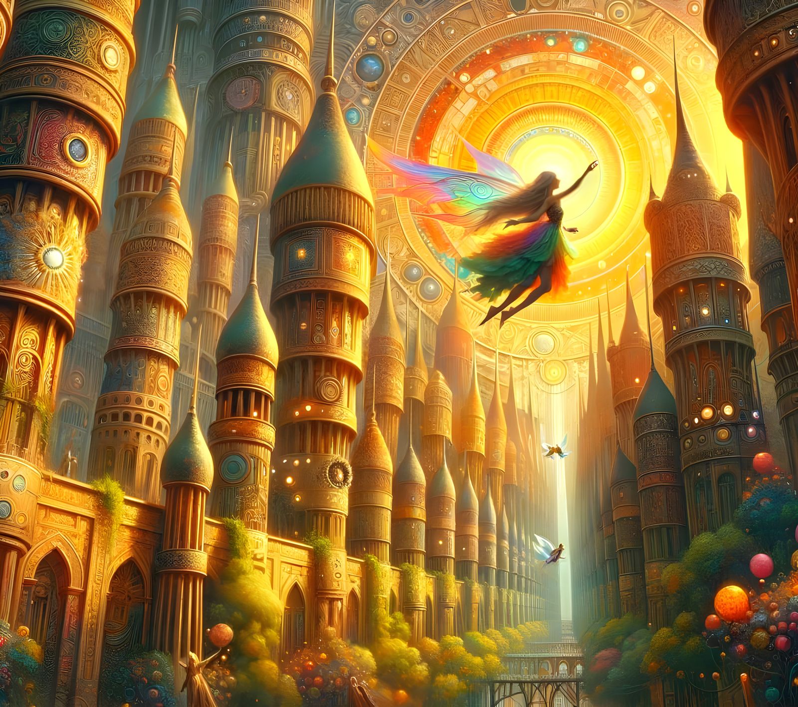 Whimsical Fairy Soars Through Medieval Cityscape