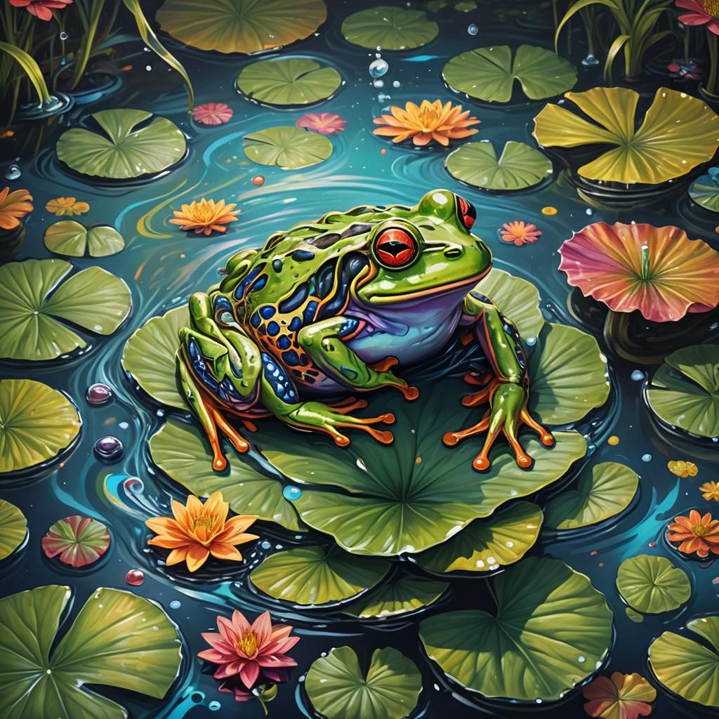 Psychedelic Frog on Cosmic Lily Pad: Splash Art