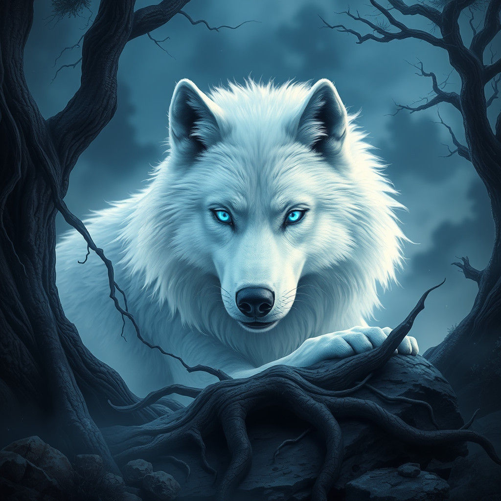 Majestic White Wolf in Mystical Landscape
