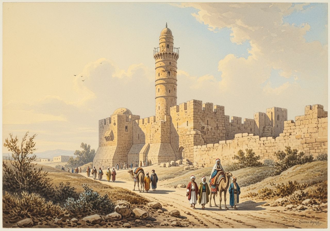 Orientalist Watercolor Painting of Jerusalem's Tower of Davi...