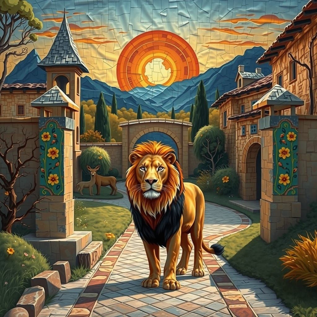 Regal Lion at Village Entrance in Vibrant Collage Art